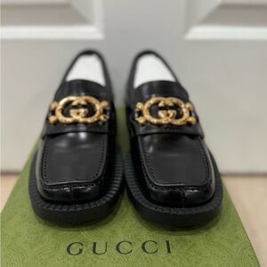 GUCCI Authentic Spice Lux Nappa Black Patent Gold Interlocking G Loafers US 4 34